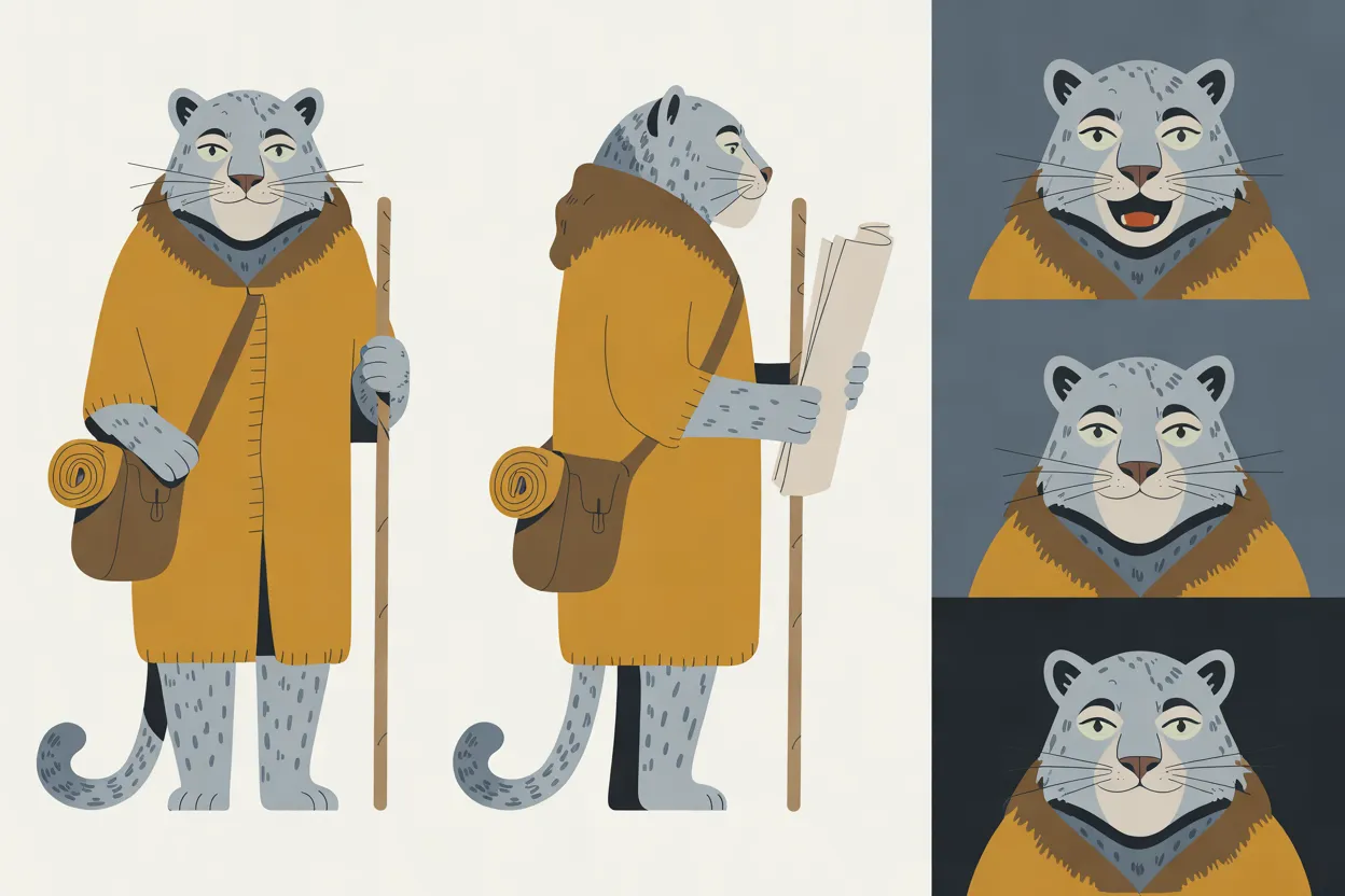 The Mountain Elder character sheet: a front view with the staff and a side view holding an unrolled map on a snow-white background, and three expressions on slate and charcoal panels: amused, thoughtful and serene