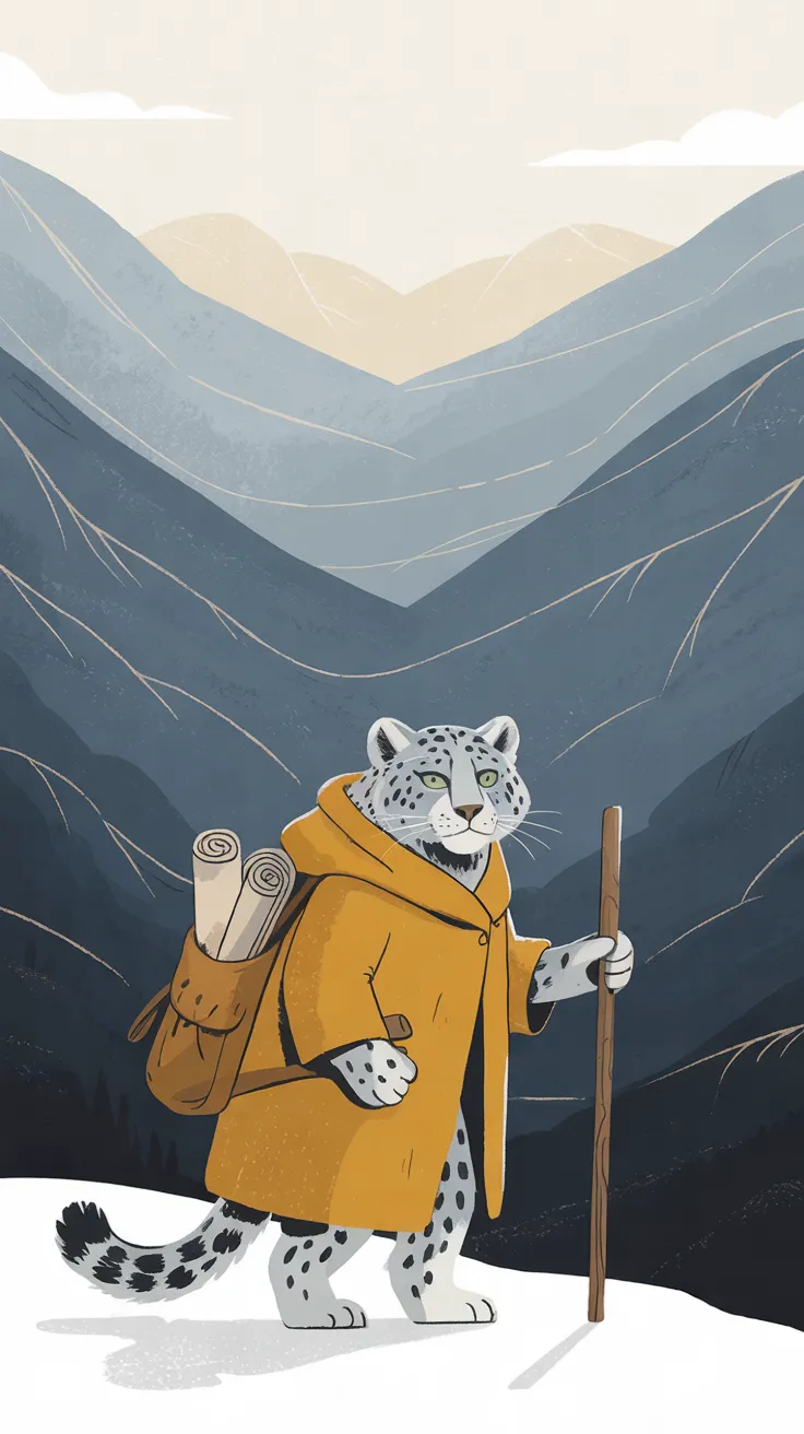 The Mountain Elder standing on a snowy ledge with a wooden staff and a satchel of rolled maps, layered blue-grey peaks behind